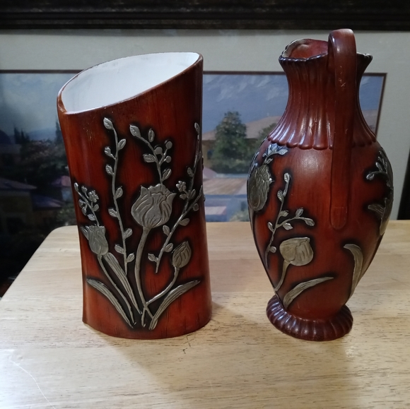🏫2 VINTAGE FLORAL POTTERY VASE🏬🎋SIZE 8"×4"& 8.5"×4",ART NOUVEAU FLORAL DECOR. - Picture 10 of 12